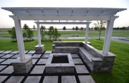 Outdoor Living Pergola With Travertine Steps - Firepit with Paver Couch