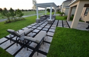 Outdoor Living Pergola With Travertine Steps - Firepit with Paver Couch